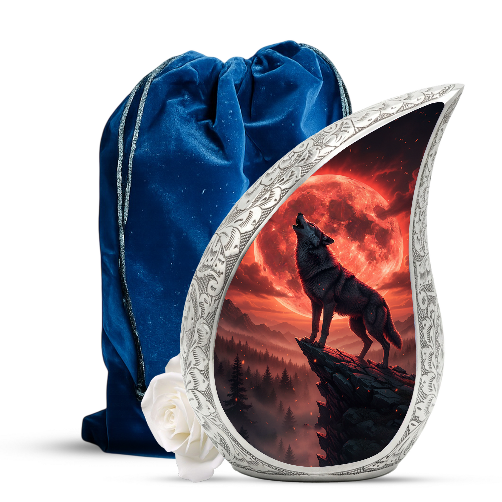Crimson Moon Wolf Personalized Cremation Urn – Teardrop Memorial Urn for Ashes | 10 Inch