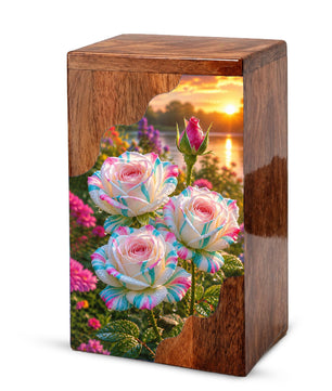Floral Wooden Cremation Urn – Rose Memorial Urn for Human Ashes