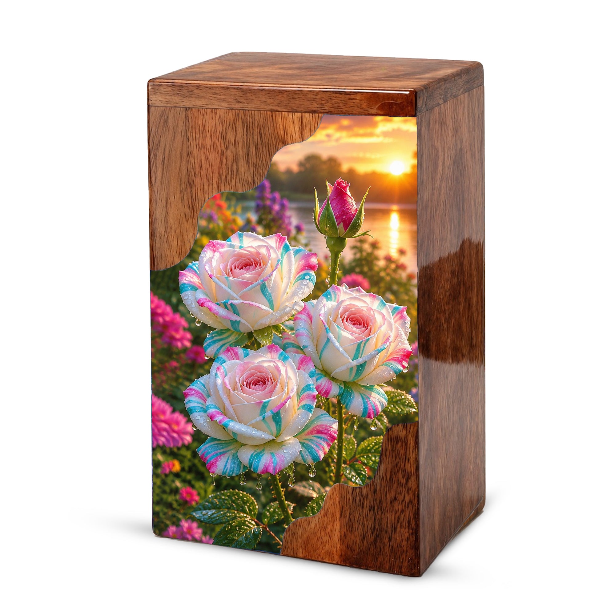 Floral Wooden Cremation Urn – Rose Memorial Urn for Human Ashes