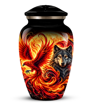 Phoenix and Wolf Cremation Urn for Adult Ashes, Fiery Red Phoenix and Wolf Adult Urn for Human Ashes