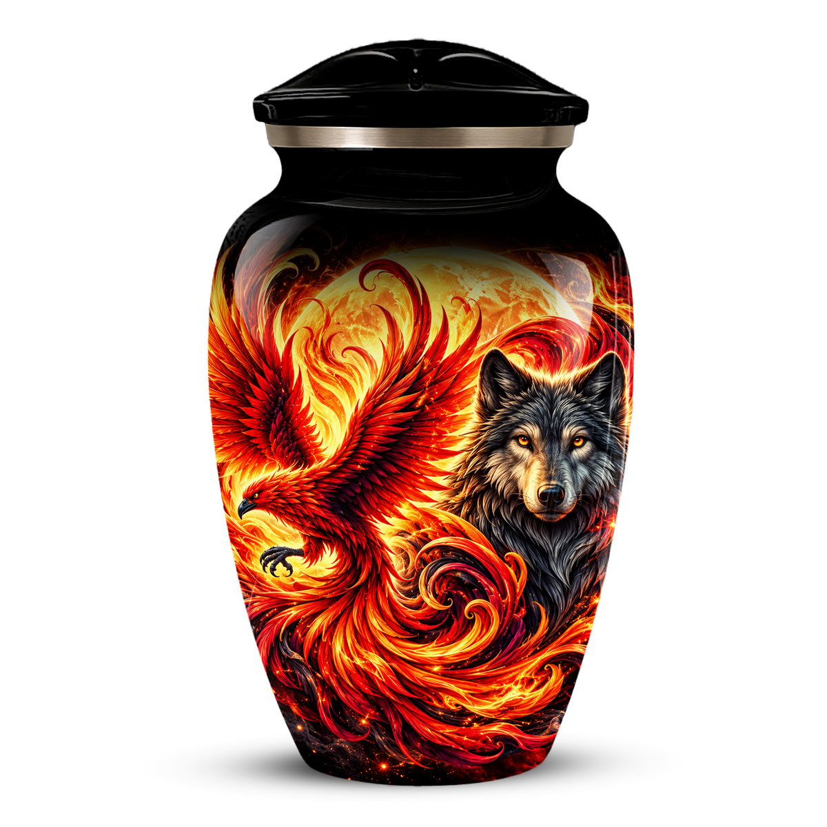 Phoenix and Wolf Cremation Urn for Adult Ashes, Fiery Red Phoenix and Wolf Adult Urn for Human Ashes