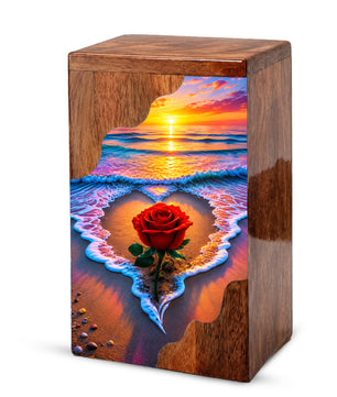 Rose Beach Wooden Cremation Urn – Sunset Ocean Memorial Urn for Human Ashes