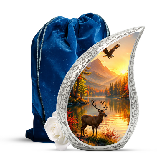 Deer Memorial Adult Urn for Ashes, Mountain Lake Cremation Urn