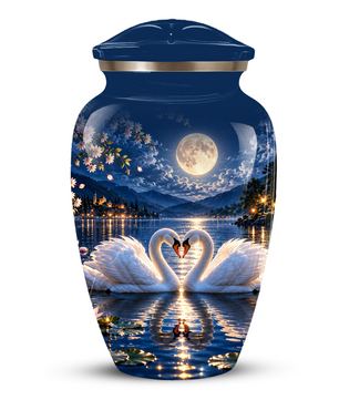 Personalized Adult Cremation Urn for Ashes, Two Swans Under the Full Moon Memorial Urn