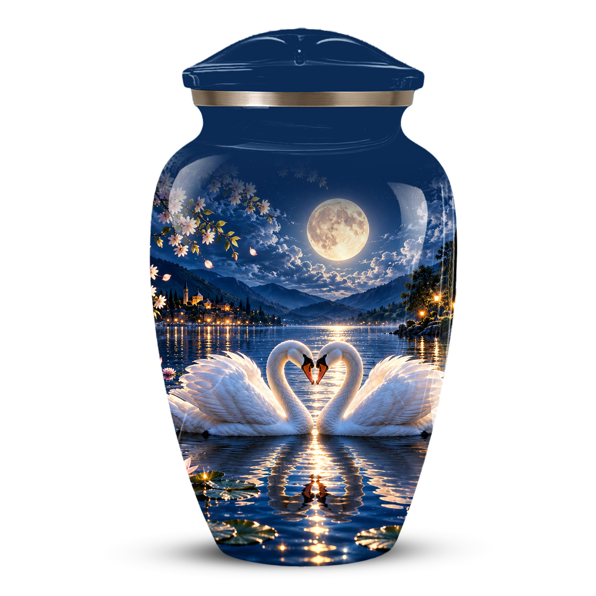 Personalized Adult Cremation Urn for Ashes, Two Swans Under the Full Moon Memorial Urn
