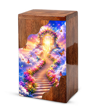 Heavenly Garden Gate Wooden Cremation Urn – Personalized Memorial Urn for Human Ashes