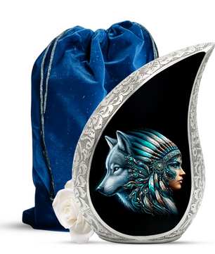 Native American Woman Urn for Mom with Wolf Spirit Art – Personalized Memorial Urn for Human Ashes