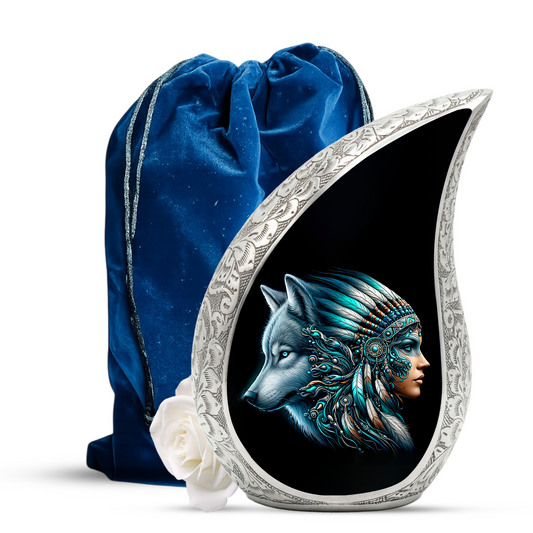 Native American Woman Urn for Mom with Wolf Spirit Art – Personalized Memorial Urn for Human Ashes