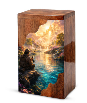 Heavenly Fishing Wooden Cremation Urn – Personalized Memorial Urn for Human Ashes
