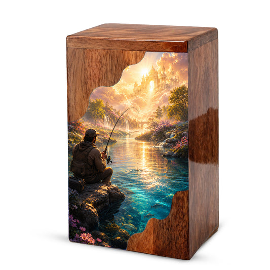 Heavenly Fishing Wooden Cremation Urn – Personalized Memorial Urn for Human Ashes