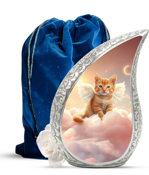 Personalized Cat Cremation Urn – Angel Cat Memorial Teardrop Urn, 10 Inch Aluminum
