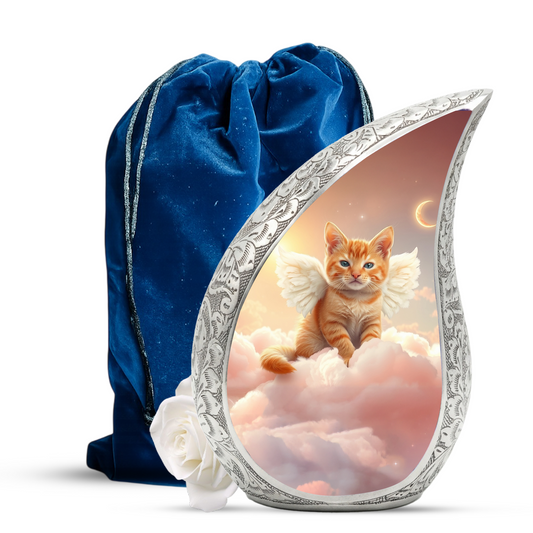 Personalized Cat Cremation Urn – Angel Cat Memorial Teardrop Urn, 10 Inch Aluminum