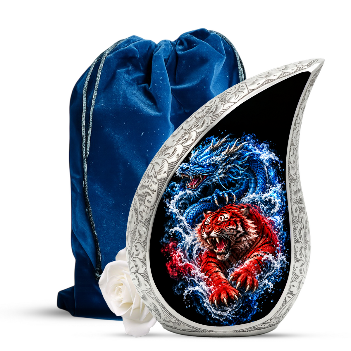 Dragon Tiger Cremation Urn for Ashes, Asian Dragon Memorial Urn, Red Tiger & Blue Dragon Urn, Personalized Adult Urn for Men