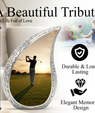 Golf Personalized Cremation Urn for Dad – Teardrop Style Aluminum Memorial Urn, 10 Inch