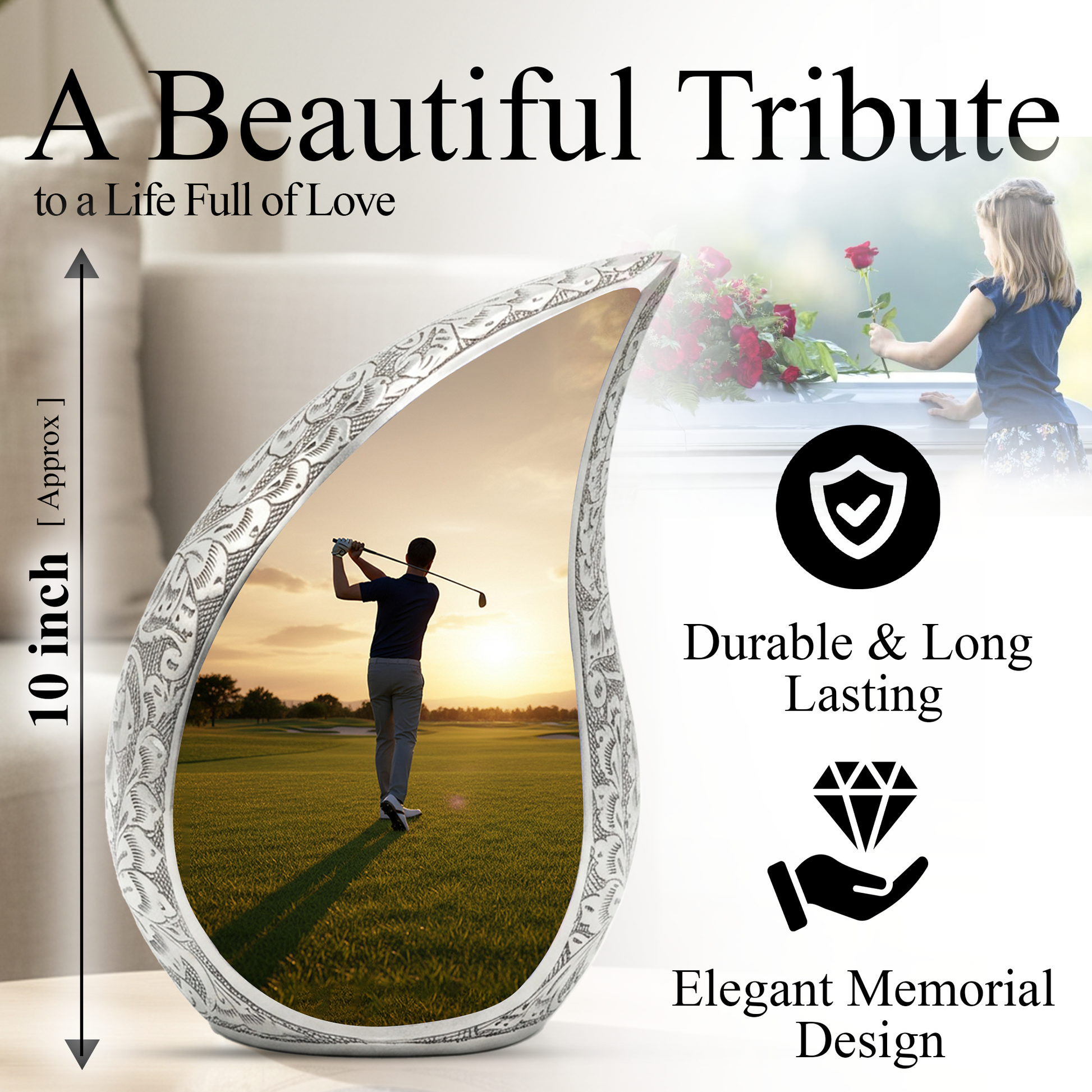 Golf Personalized Cremation Urn for Dad – Teardrop Style Aluminum Memorial Urn, 10 Inch