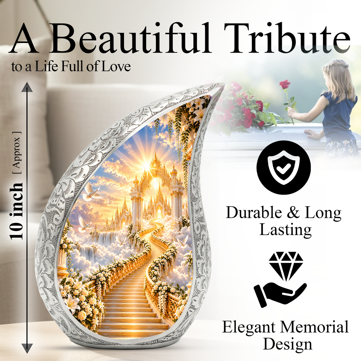 Heavenly Stairway Cremation Urn for Adult Ashes, Golden Heaven Memorial Urn
