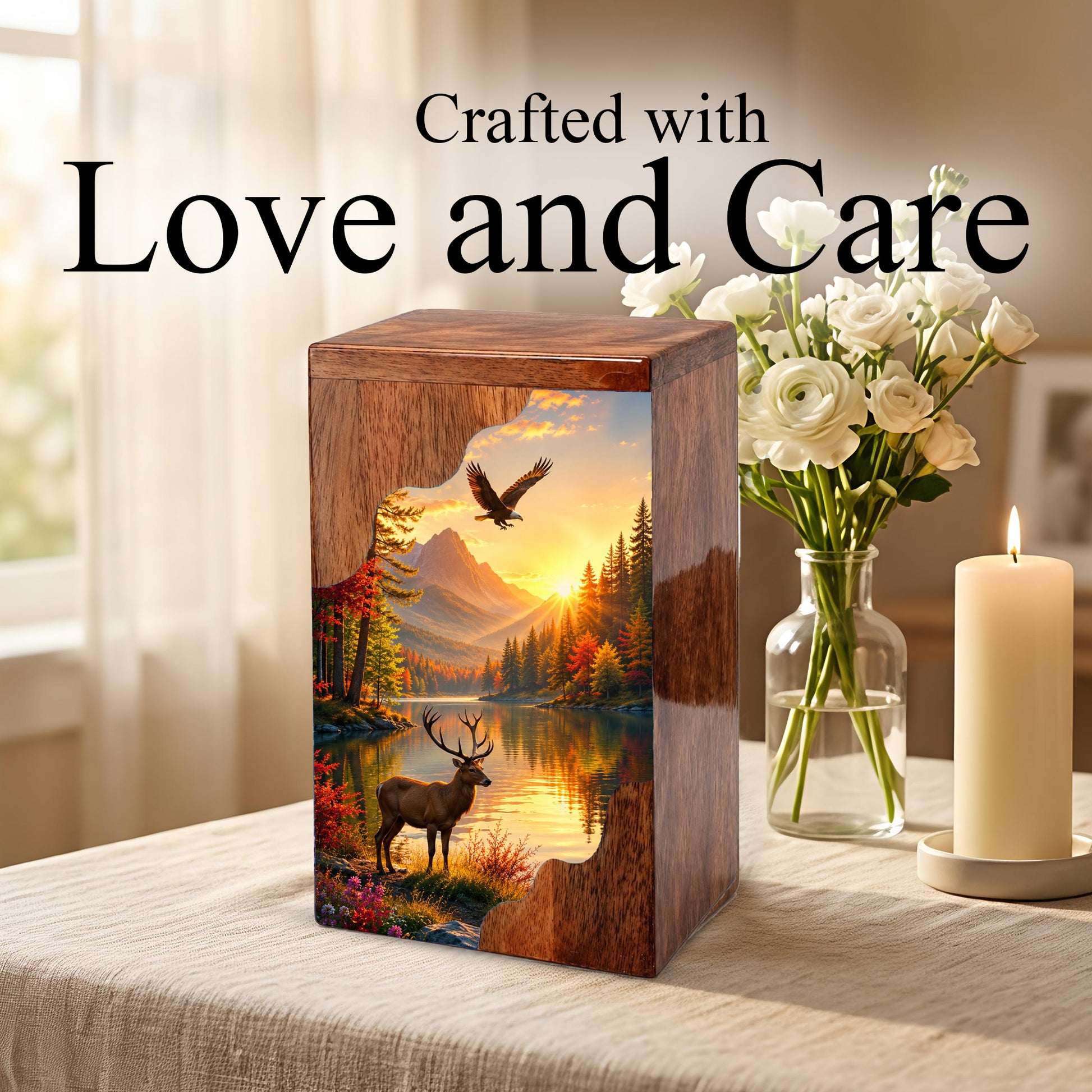 Mountain Wildlife Wooden Cremation Urn – Wooden Urn for Human Ashes