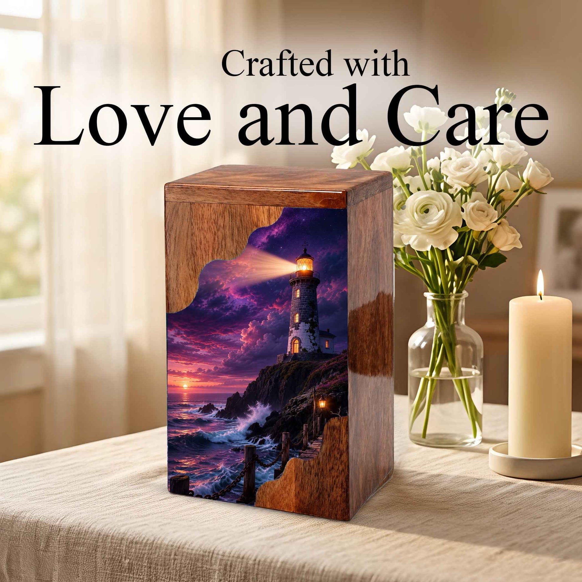 Lighthouse Wooden Cremation Urn for Human Ashes | Personalized Coastal Memorial Urn