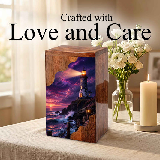 Lighthouse Wooden Cremation Urn for Human Ashes | Personalized Coastal Memorial Urn