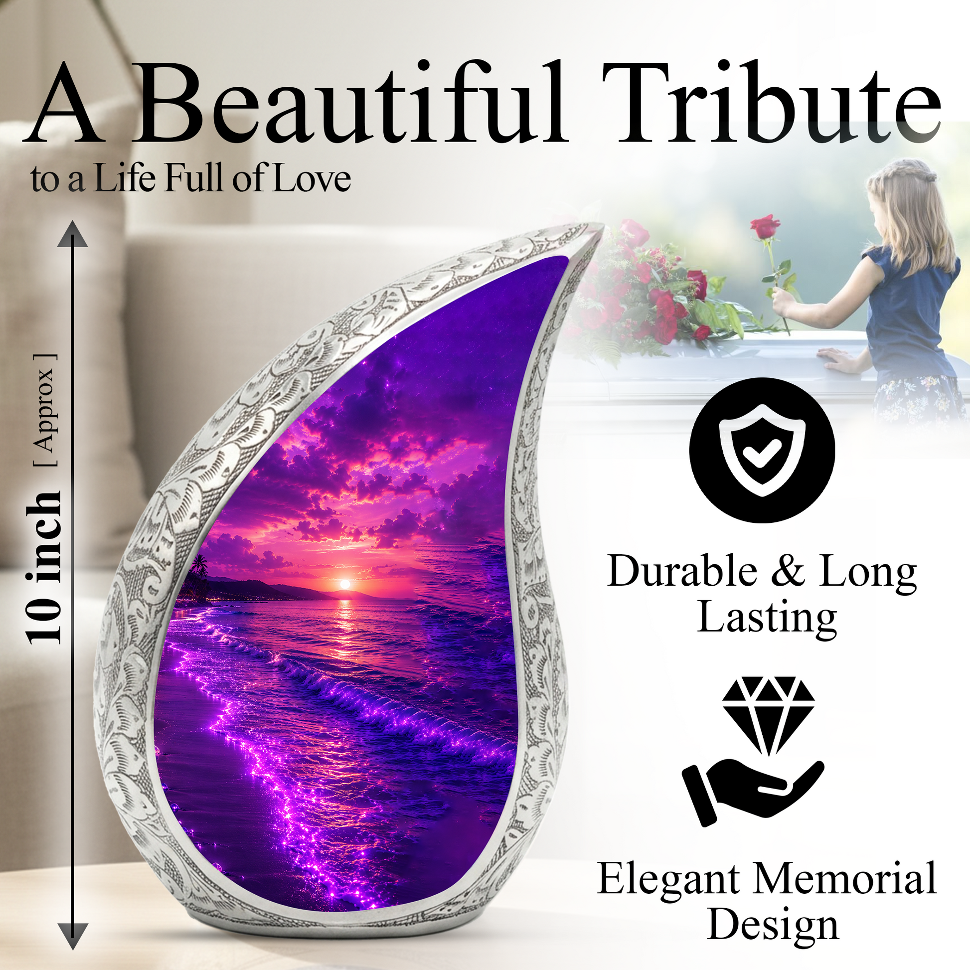 Beach Cremation Urn for Human Ashes – Ocean Sunset Memorial Urn, Beach Theme Urn for Adults
