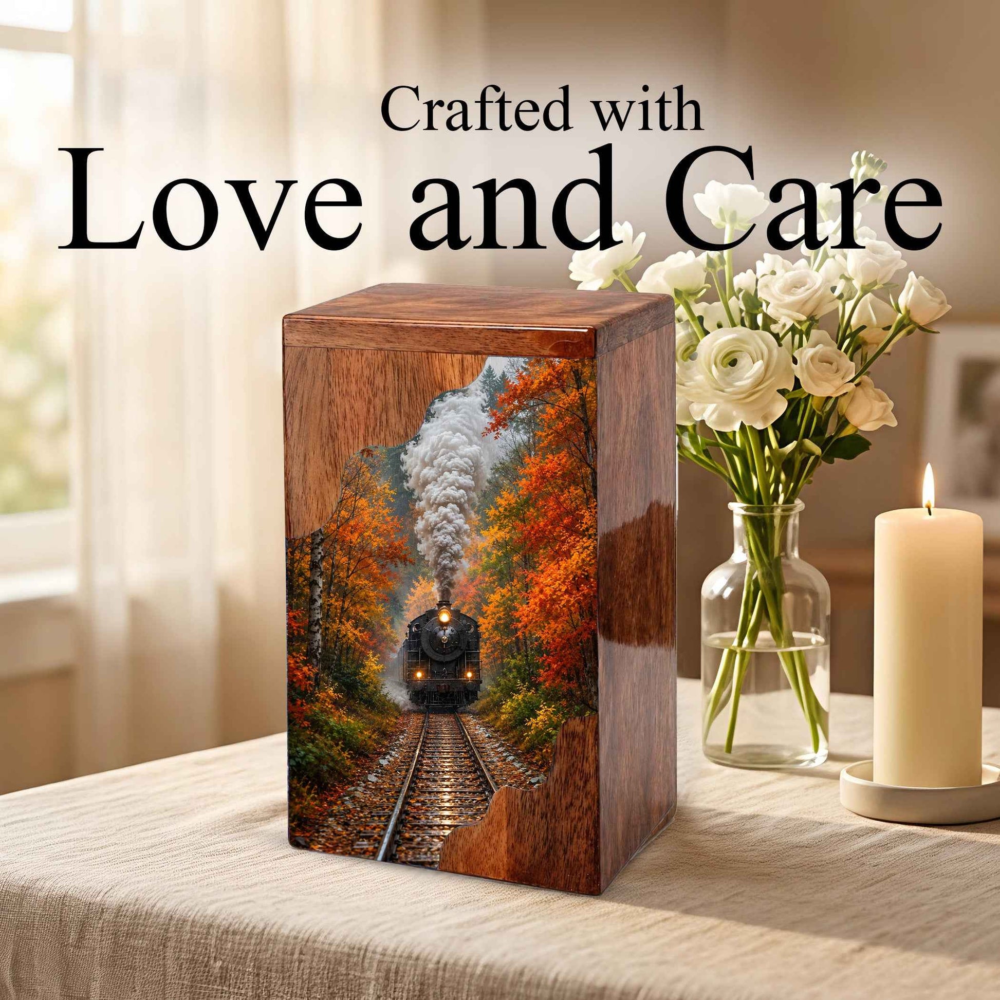 Personalized Wooden Cremation Urn for Mom & Dad, Steam Train Memorial Urn