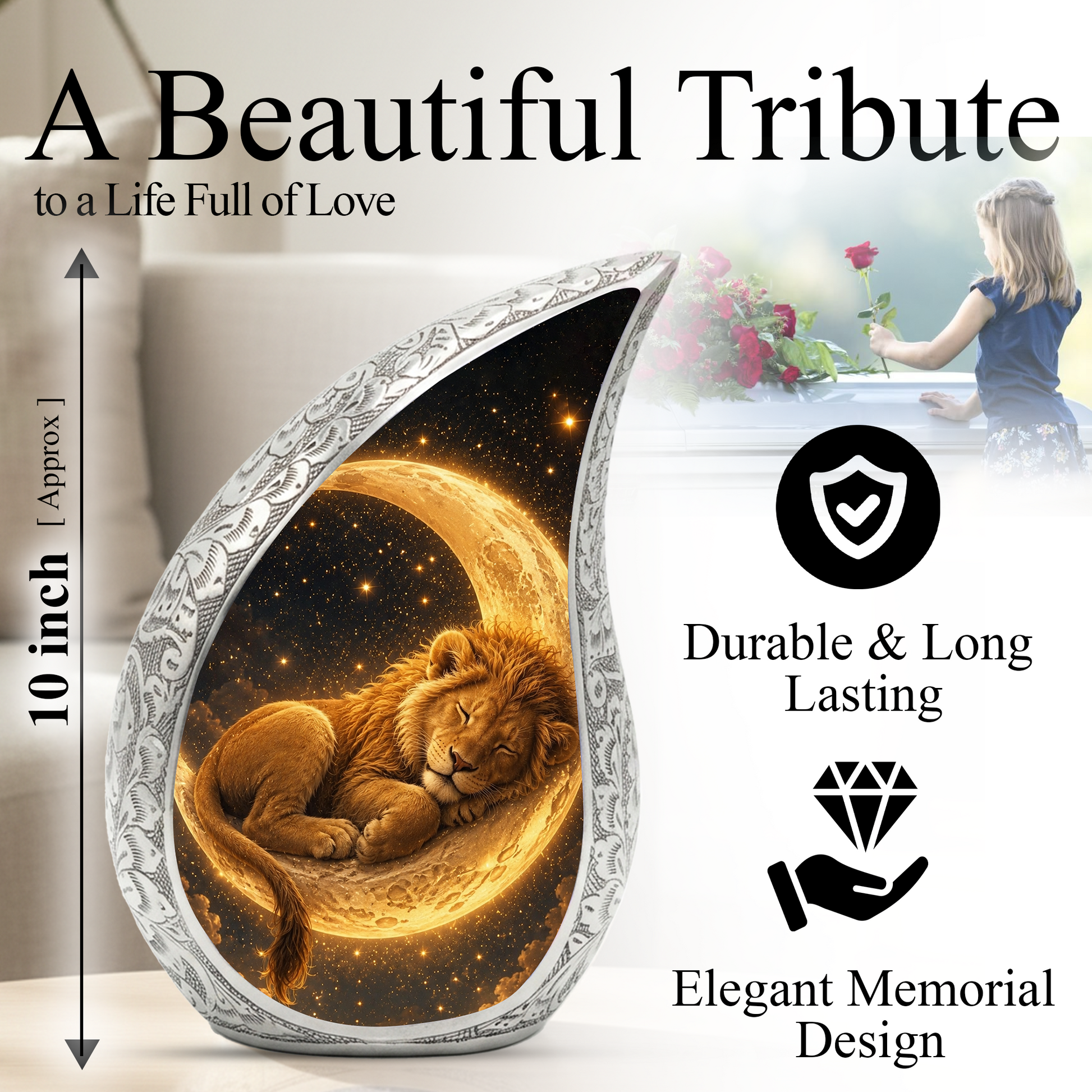 Sleeping Lion Moon Urn for Adult Ashes | Peaceful Adult Cremation Urn Memorial