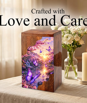 Purple Butterfly Wooden Cremation Urn – Floral Waterfall Memorial Urn for Human Ashes