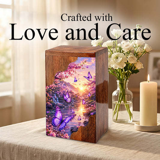 Purple Butterfly Wooden Cremation Urn – Floral Waterfall Memorial Urn for Human Ashes