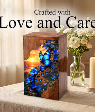 Blue Butterfly Wooden Cremation Urn – Floral Memorial Urn for Human Ashes