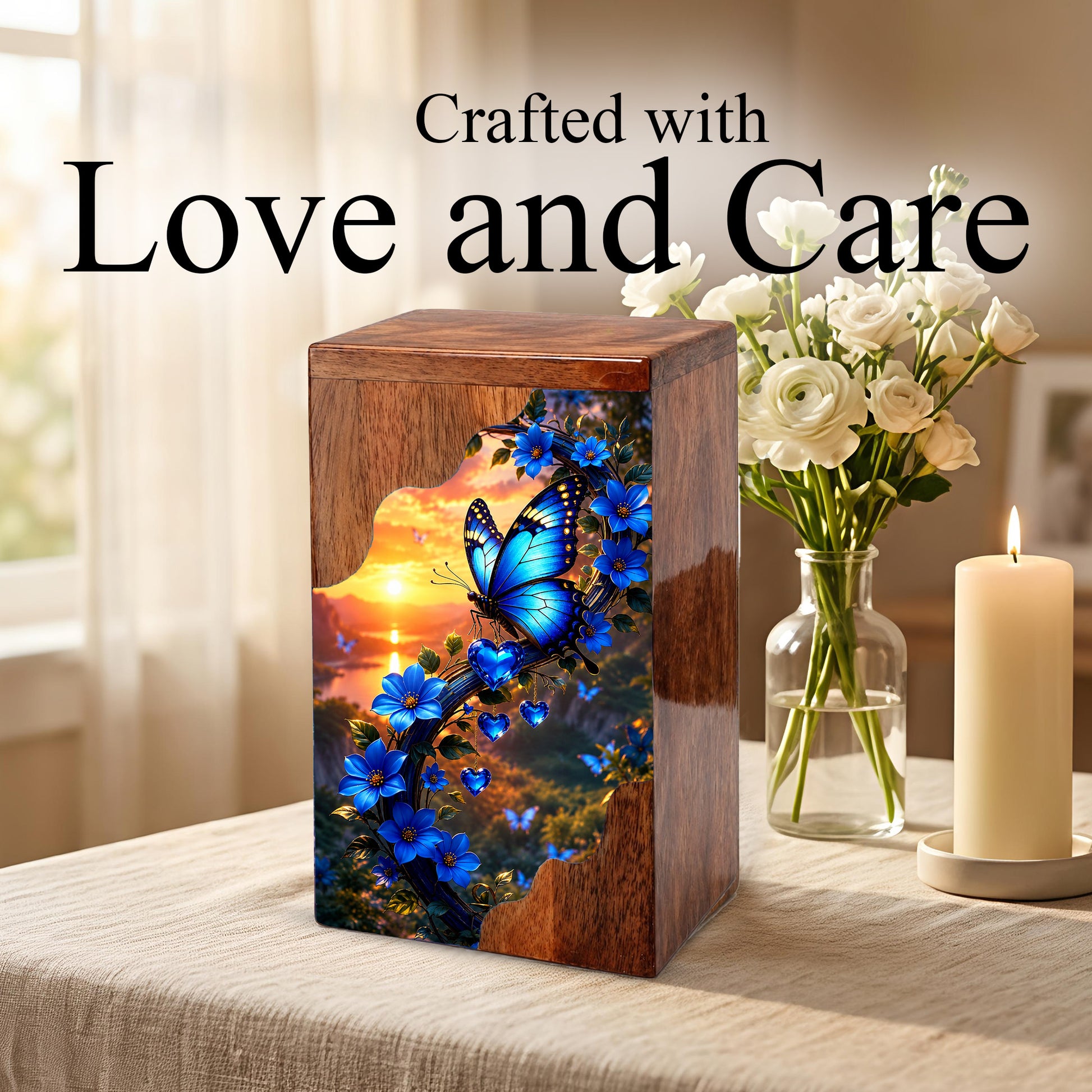 Blue Butterfly Wooden Cremation Urn – Floral Memorial Urn for Human Ashes