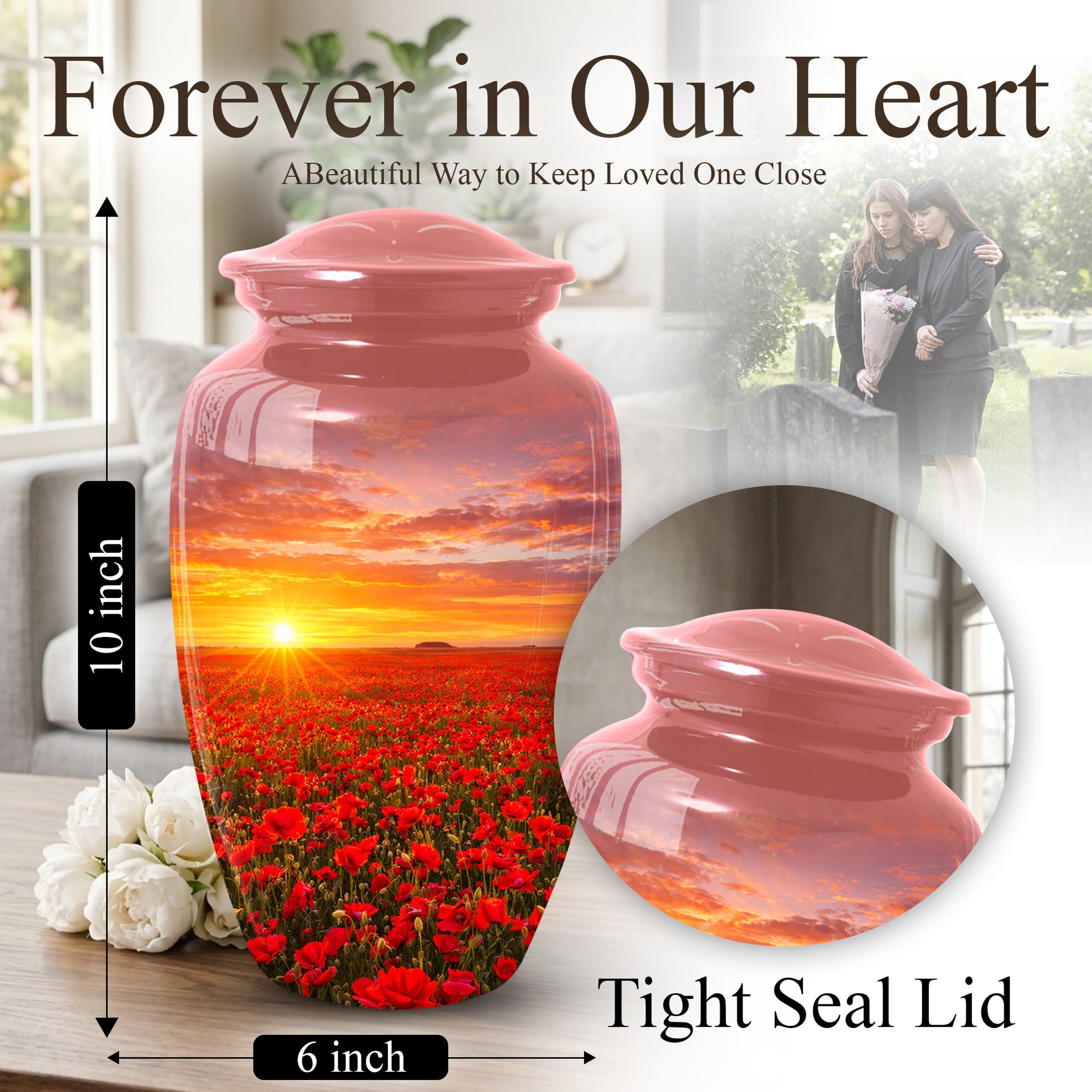 Poppy Flower Urn for Mom, Sunset Cremation Large Urn for Ashes