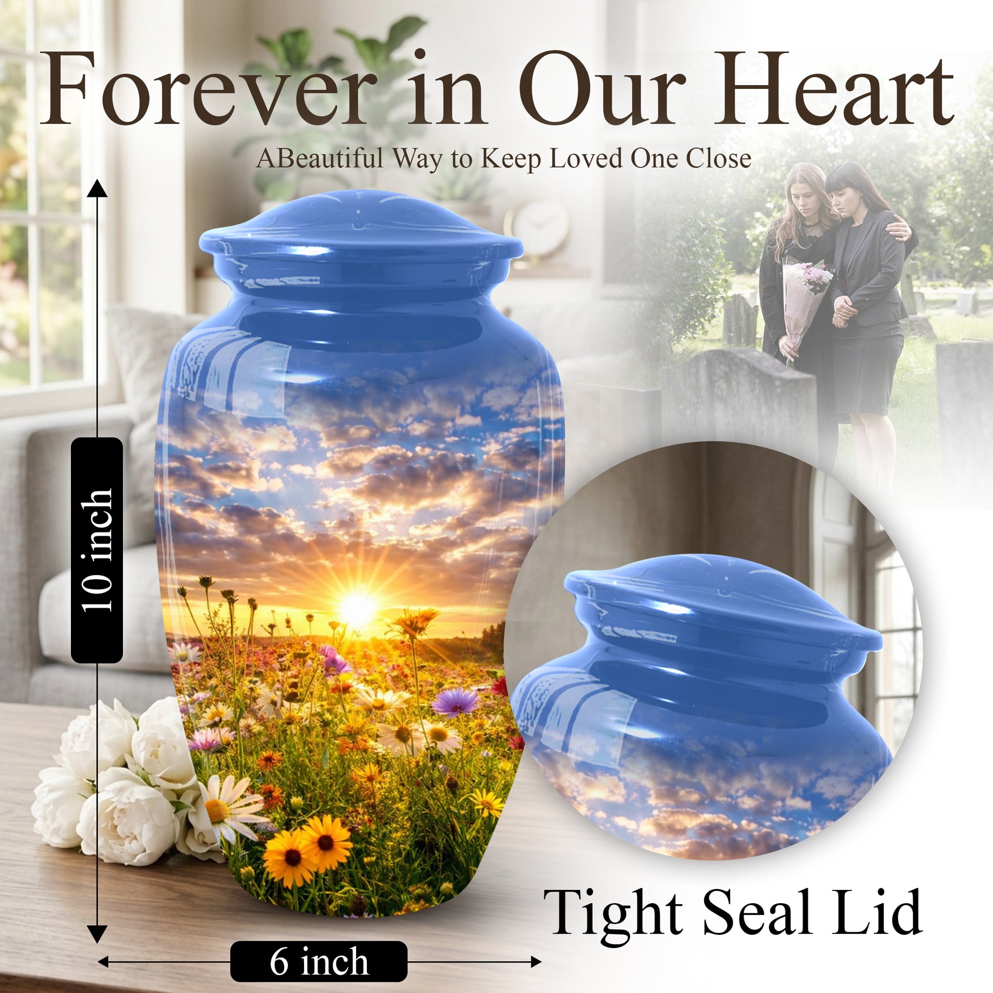 Wildflower Sunset Urn for Mom | Beautiful Cremation Large Urn for Women  | Floral Funeral Keepsake for Ashes