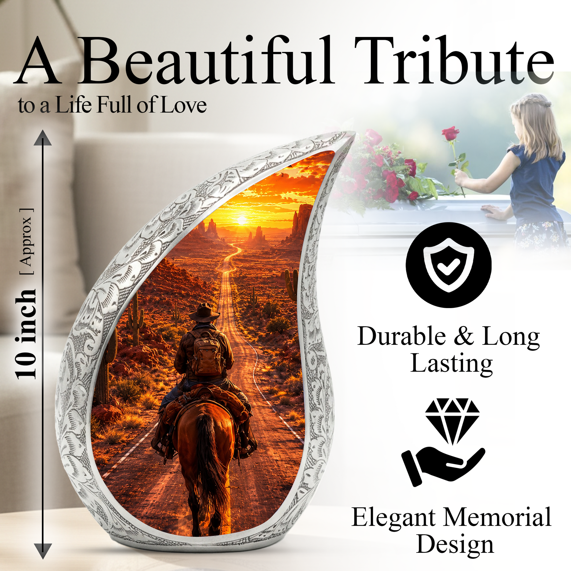 Cowboy Sunset Urn for Dad | Western Horse Cremation Urn for Human Ashes
