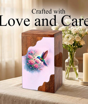 Hummingbird Wooden Cremation Urn – Floral Memorial Urn with Hummingbird Design