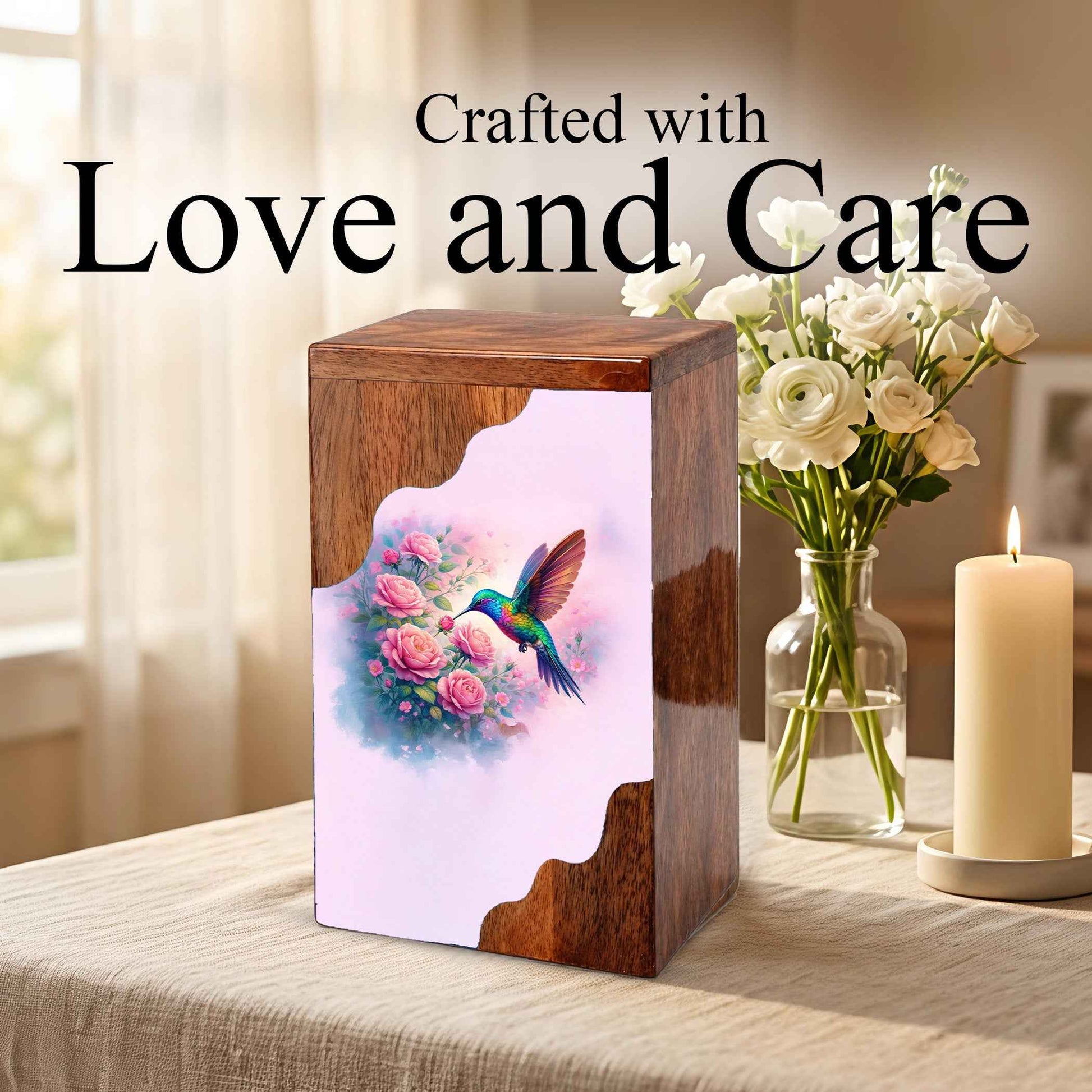 Hummingbird Wooden Cremation Urn – Floral Memorial Urn with Hummingbird Design