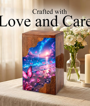 Celestial Butterfly Wooden Cremation Urn – Butterfly Memorial Urn for Human Ashes