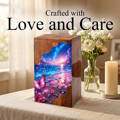 Celestial Butterfly Wooden Cremation Urn – Butterfly Memorial Urn for Human Ashes