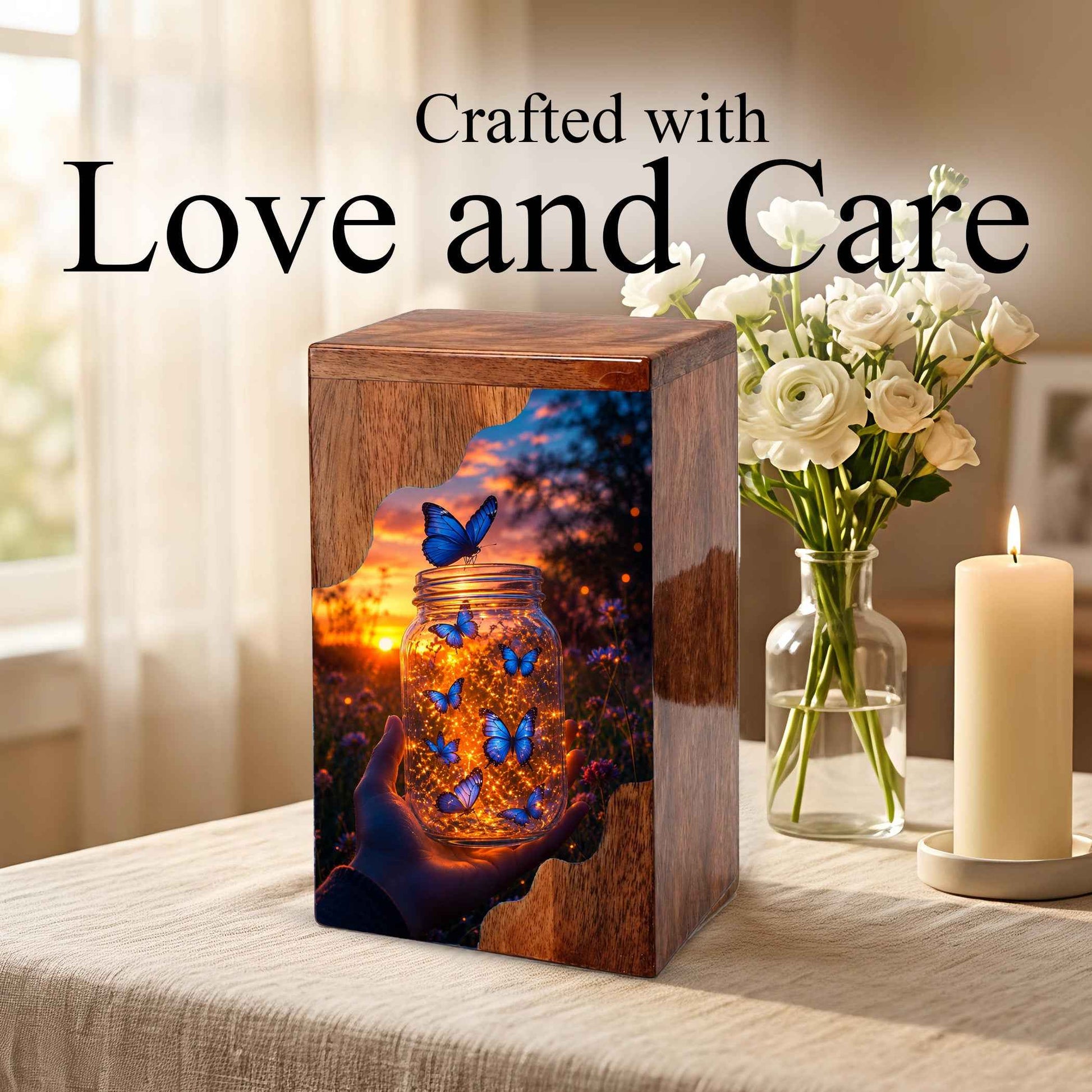 Butterfly Wooden Cremation Urn – Glowing Butterfly Memorial Urn for Human Ashes