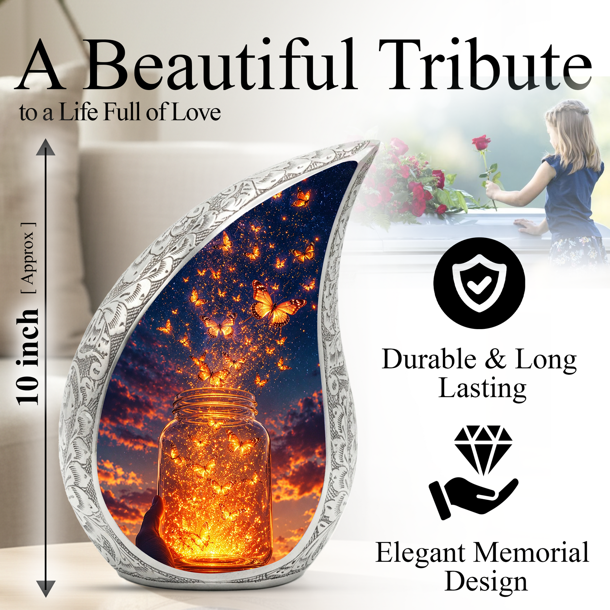 Butterfly Sunset Urn for Ashes | Glowing Butterfly Cremation Urn, Butterfly Urn for Human Ashes, Beautiful Memorial Urn
