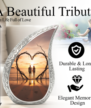 Couple Love Sunset Personalized Cremation Urn – Teardrop Aluminum Memorial Urn, 10 Inch