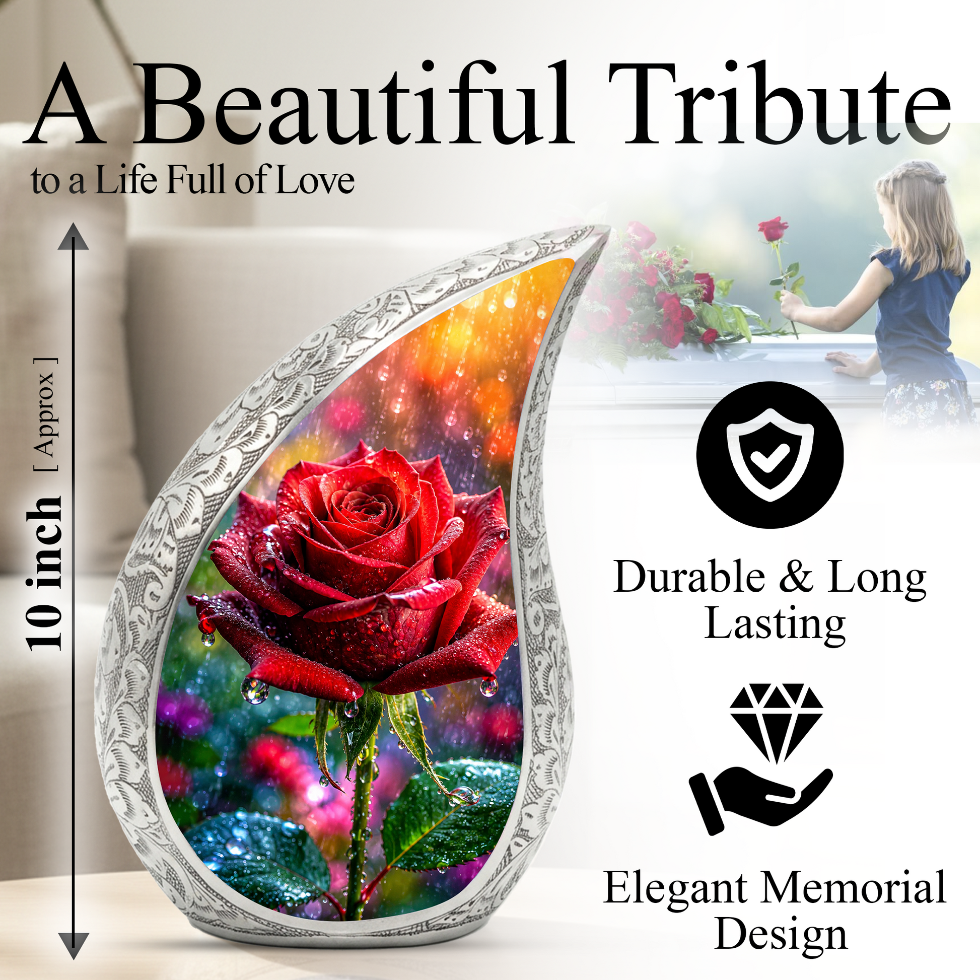 Red Rose Memorial Urn for Mom, Elegant Cremation Urn for Women