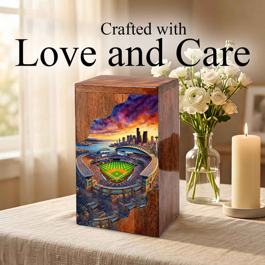 Wooden Cremation Urn – Baseball Stadium Memorial Urn | Custom Wooden Urn for Dad