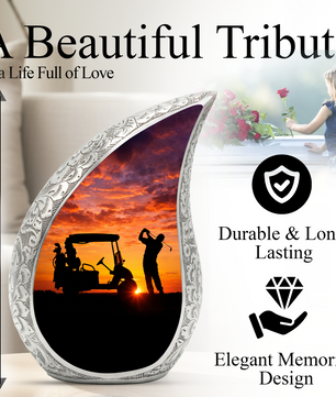 Golf Personalized Cremation Urn – Teardrop Style Aluminum Memorial Urn, 10 Inch