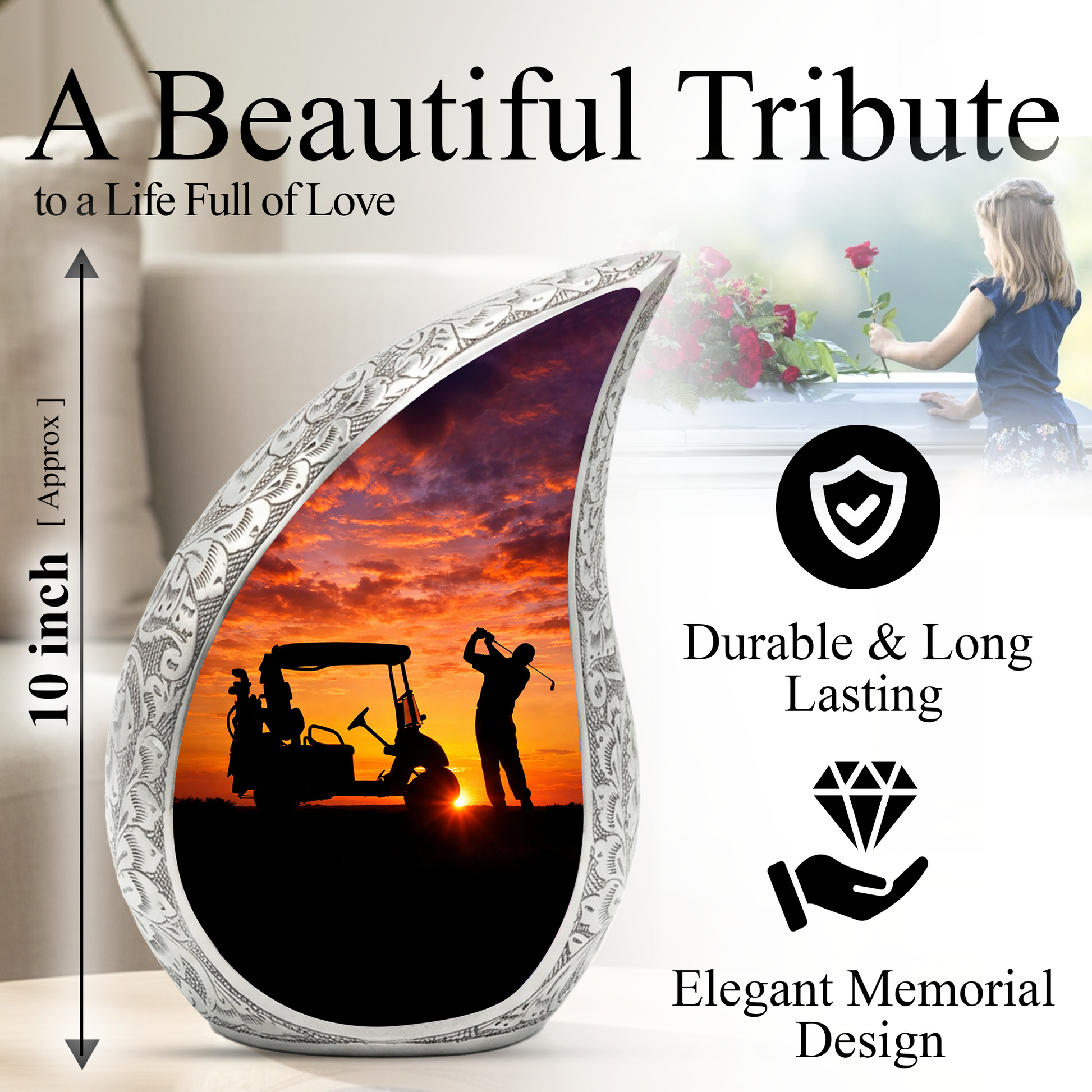 Golf Personalized Cremation Urn – Teardrop Style Aluminum Memorial Urn, 10 Inch