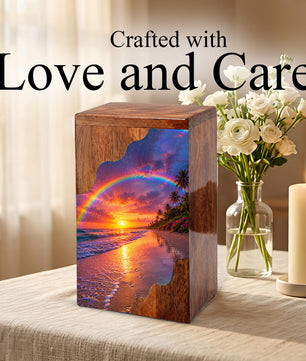 Beach Wooden Cremation Urn for Human Ashes | Rainbow Ocean Sunset Memorial Urn