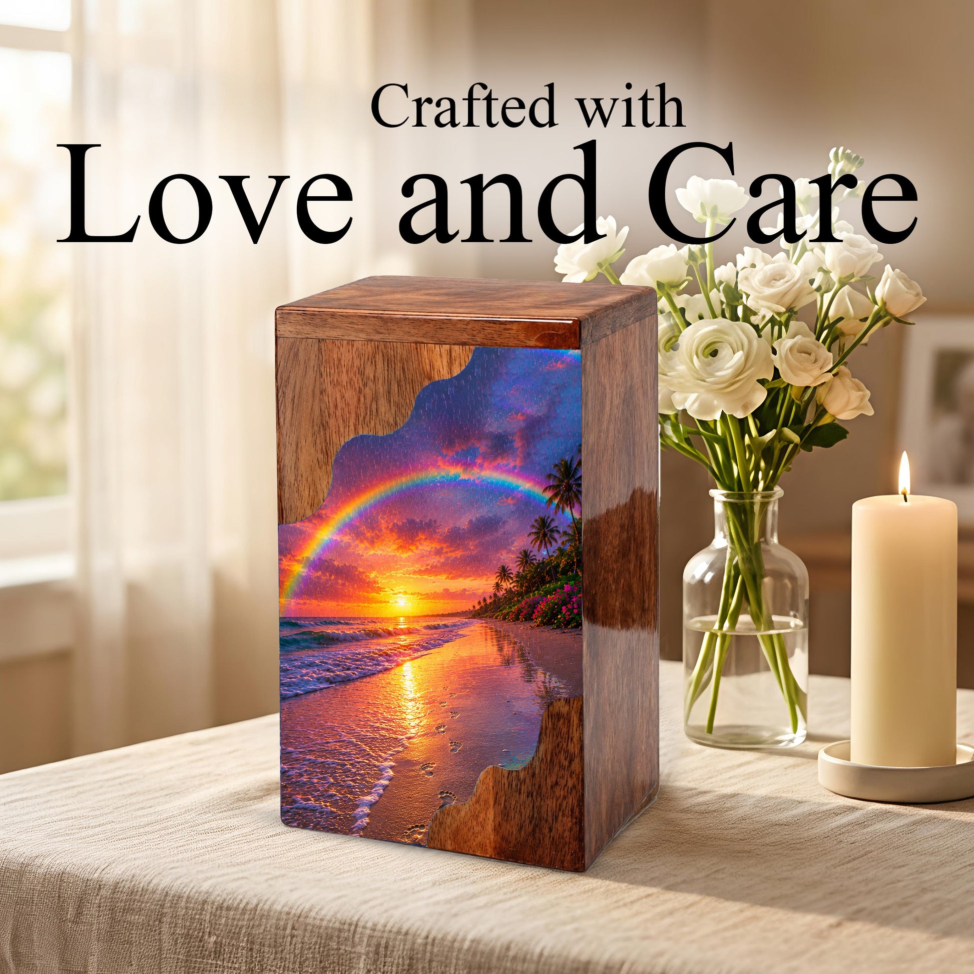Beach Wooden Cremation Urn for Human Ashes | Rainbow Ocean Sunset Memorial Urn