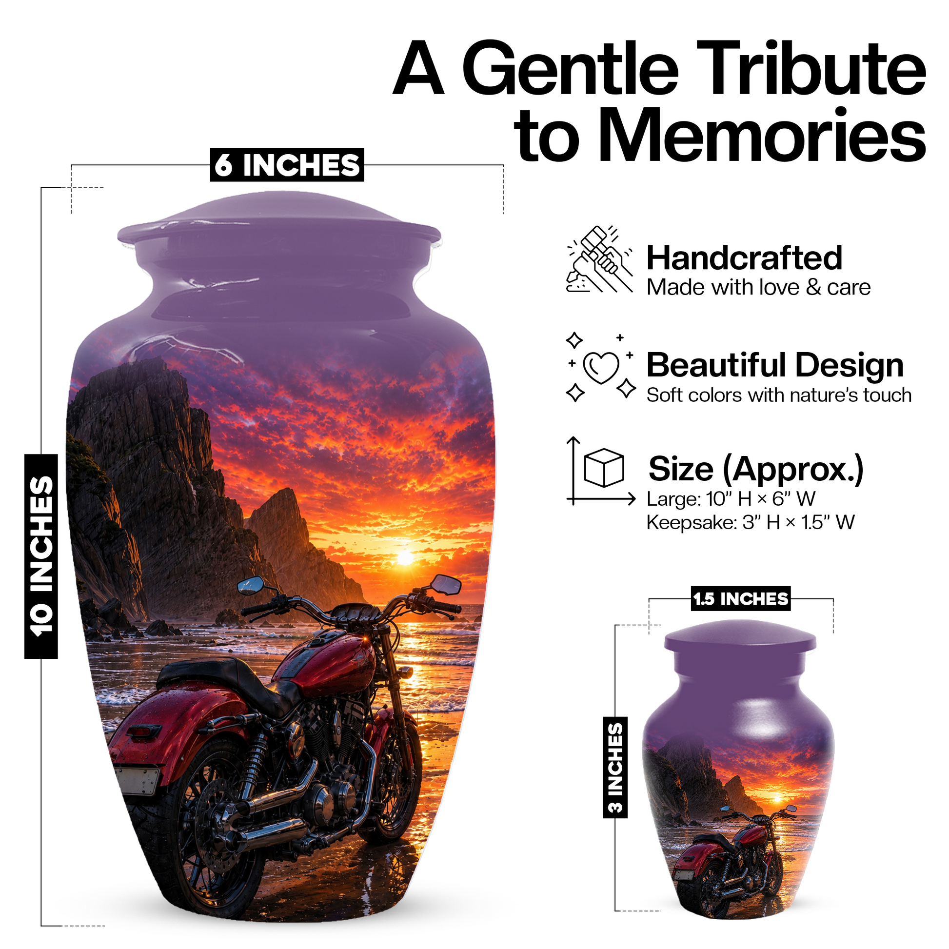 Motorcycle Urn for Dad Ashes -Beach Sunset Memorial Keepsake Urns for Men