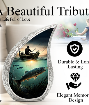 Fishing Personalized Cremation Urn – Teardrop Style Aluminum Memorial Urn, 10 Inch