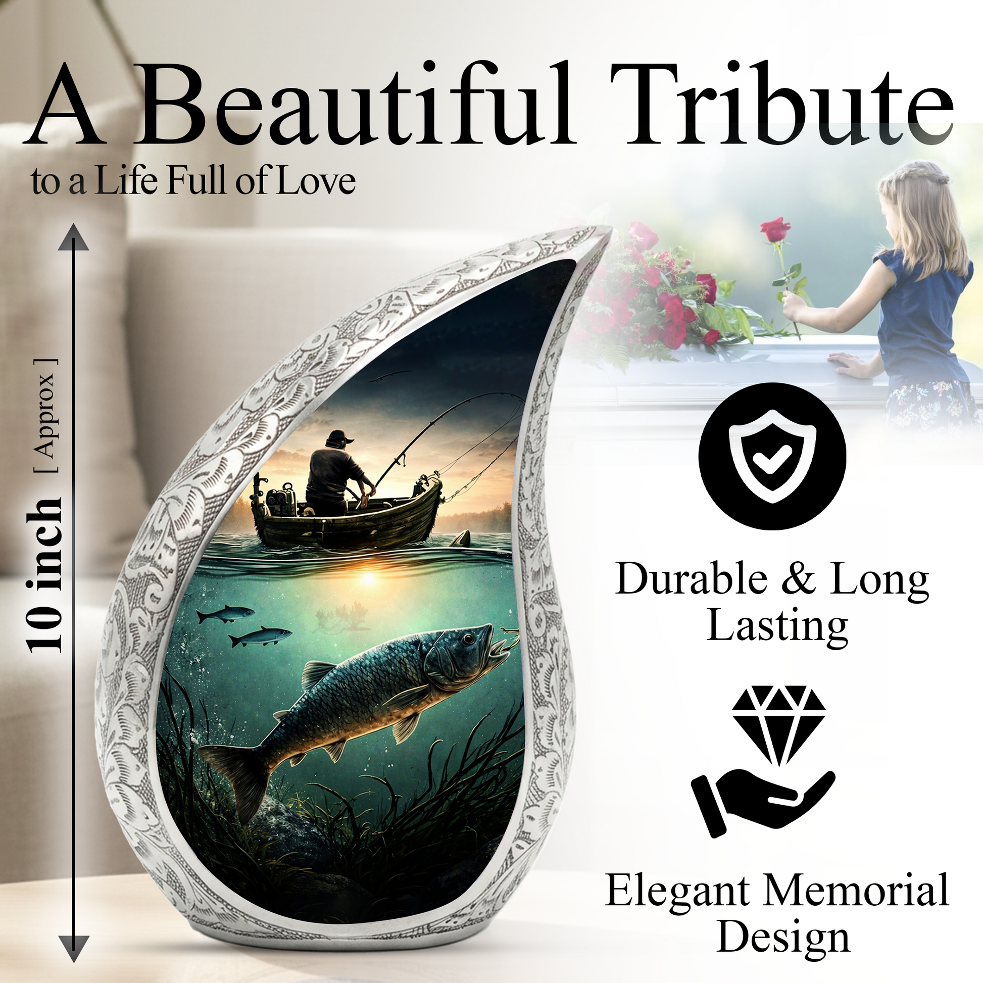 Fishing Personalized Cremation Urn – Teardrop Style Aluminum Memorial Urn, 10 Inch