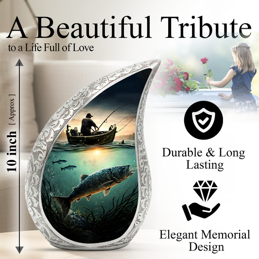 Fishing Personalized Cremation Urn – Teardrop Style Aluminum Memorial Urn, 10 Inch